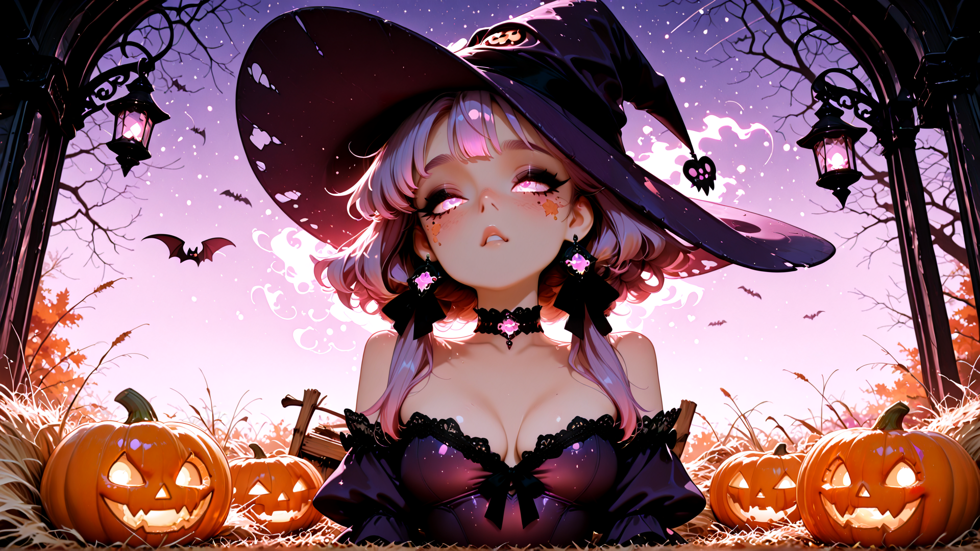 AI generated wallpaper featuring witch, pumpkin, bats, lantern, trees, hair