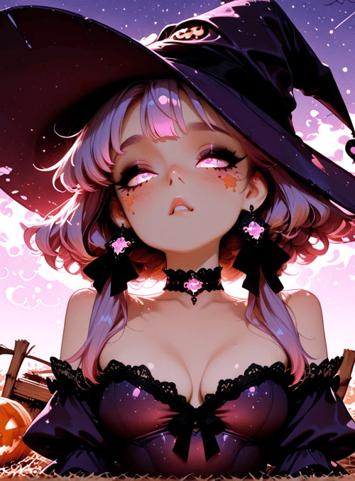 witch, pumpkin, bats, lantern, trees, hair