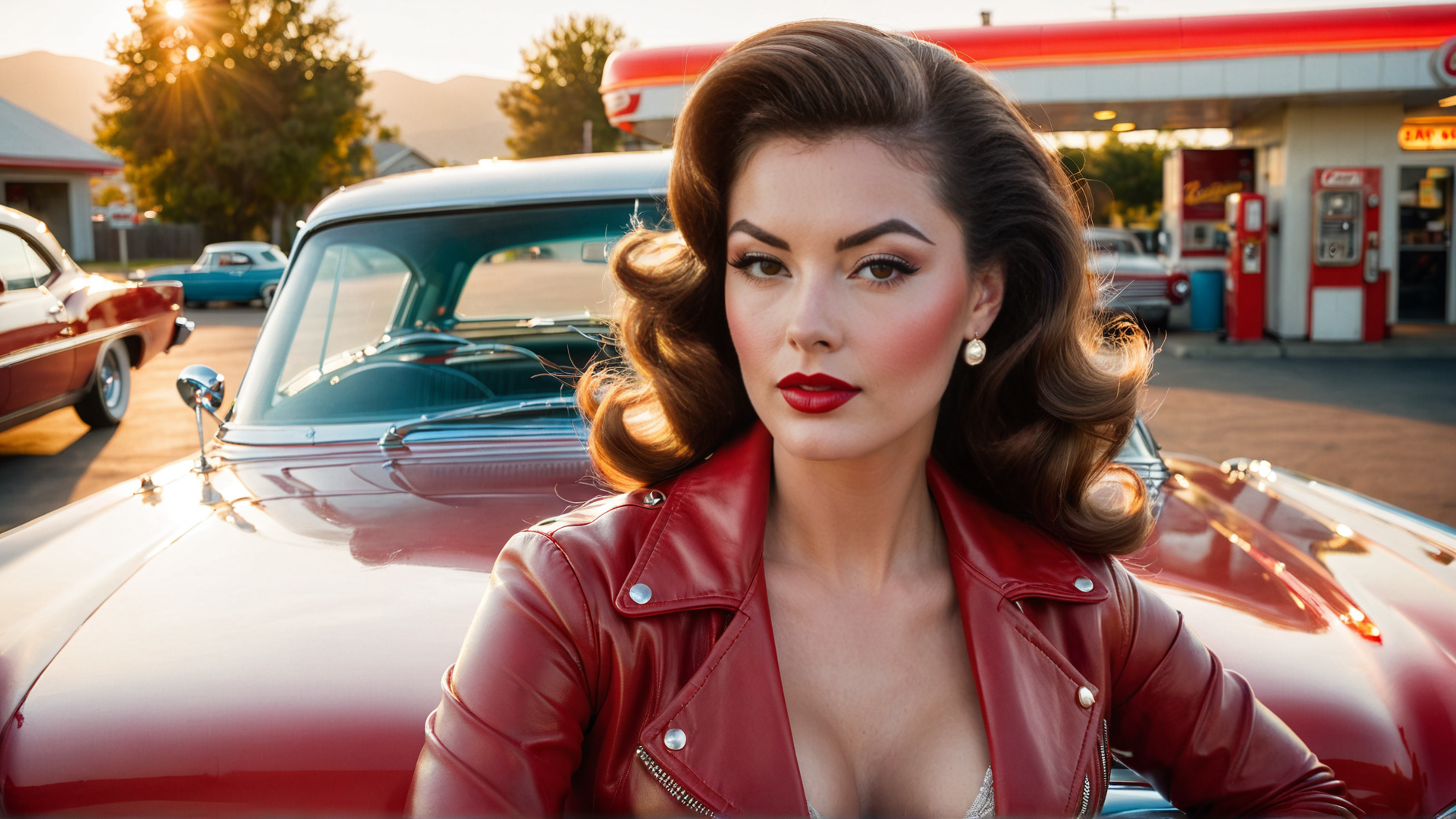 AI generated wallpaper featuring woman, car, gas station