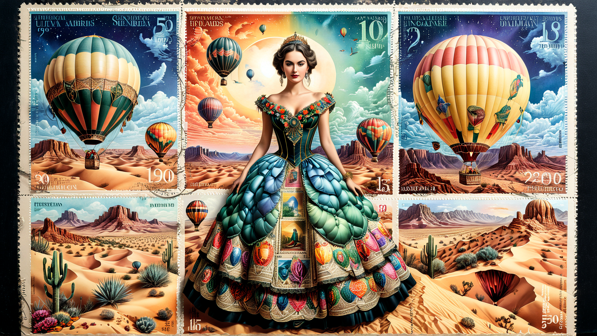 AI generated wallpaper featuring woman, hot air balloons, desert