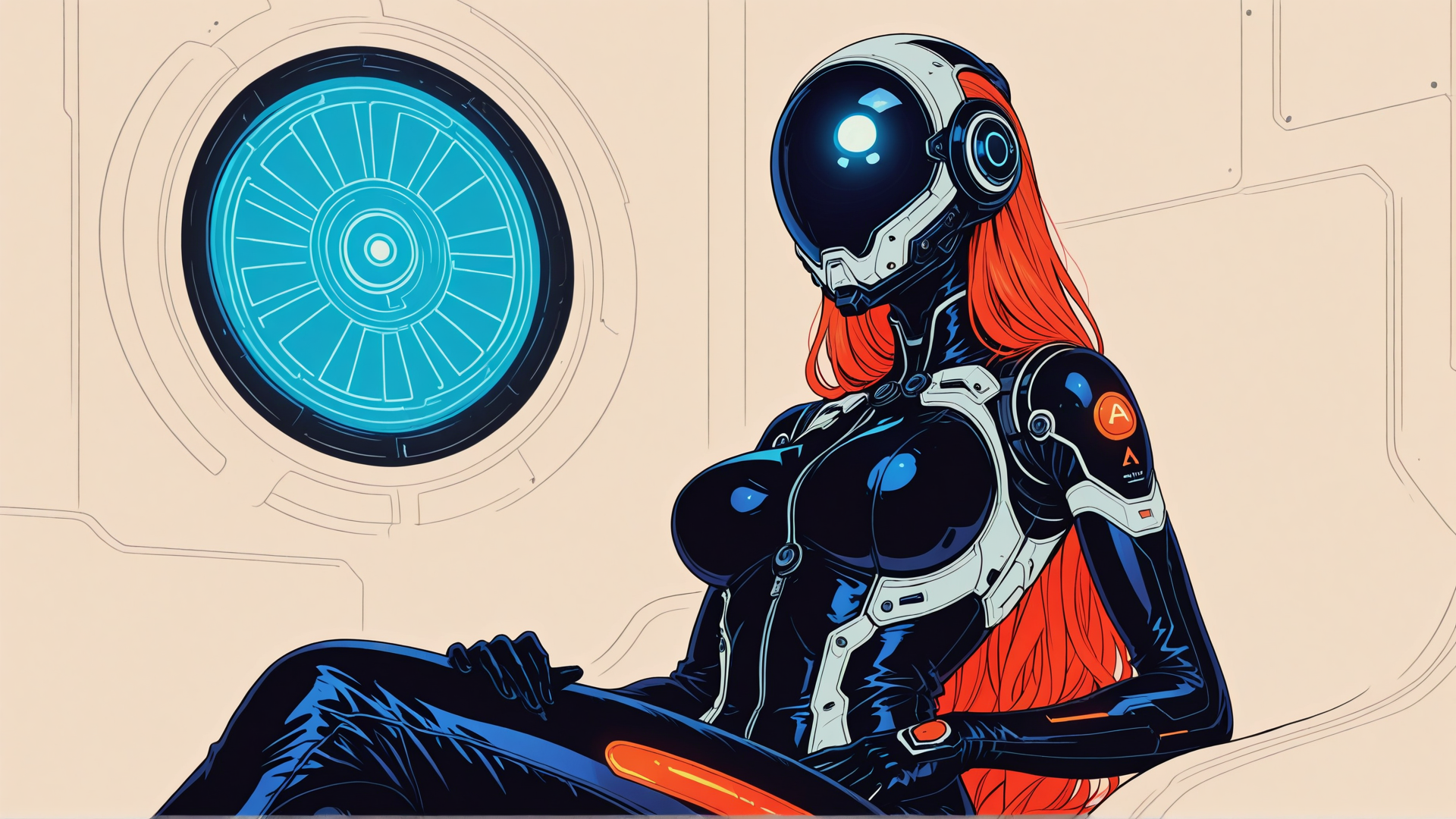 AI generated wallpaper featuring robot, cyborg, anime, woman, helmet