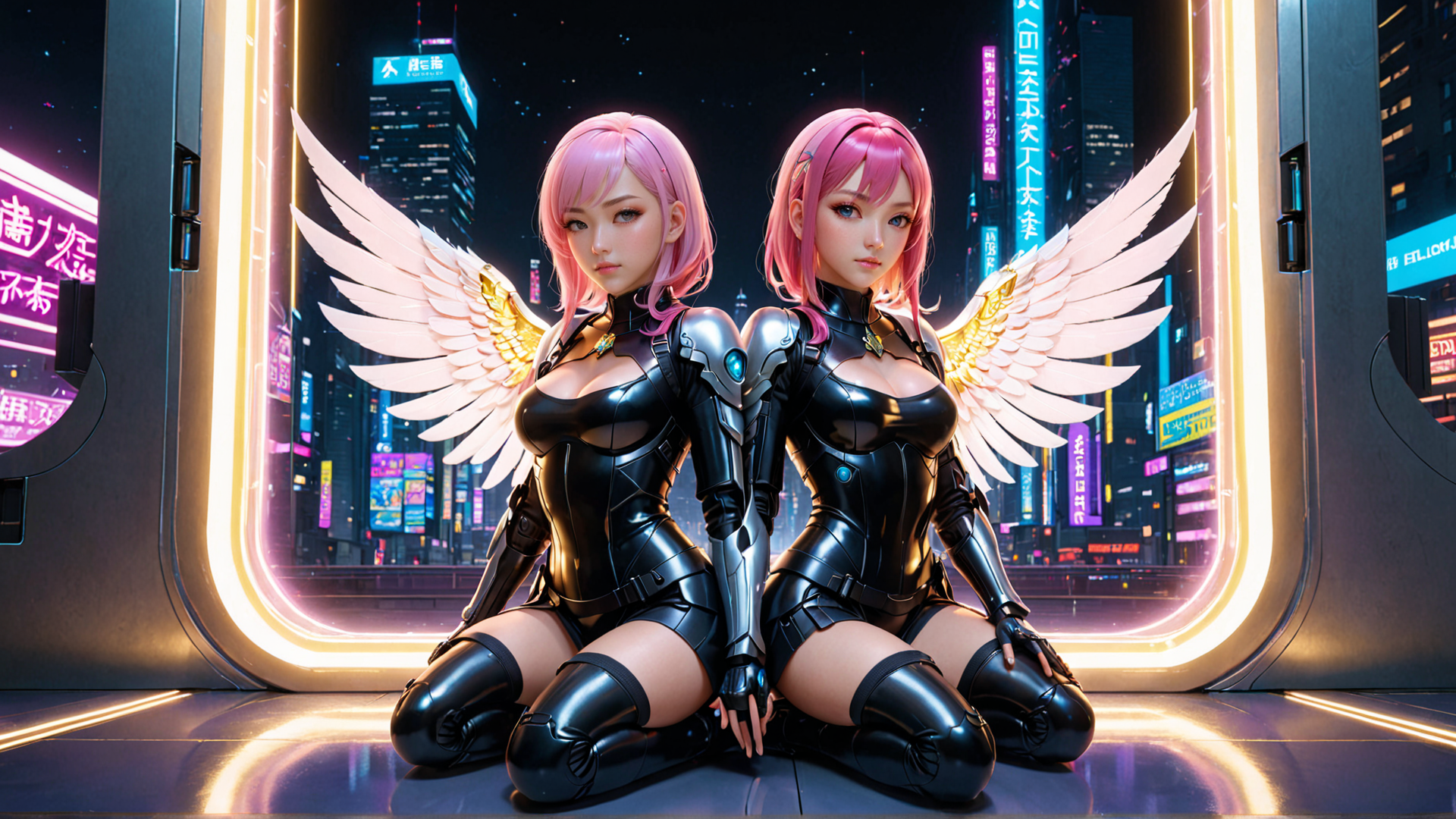 AI generated wallpaper featuring angels, cyberpunk, women, wings, cityscape, neon, robots, characters, futuristic, urban