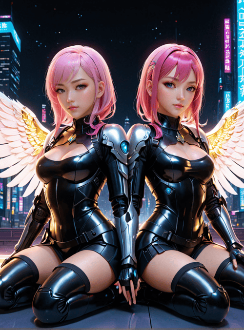 angels, cyberpunk, women, wings, cityscape, neon, robots, characters, futuristic, urban