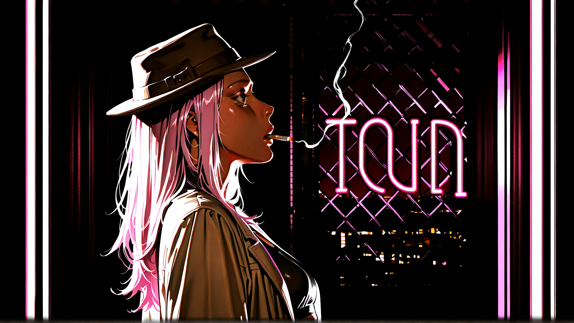 AI generated wallpaper featuring woman, hat, cigarette, neon sign, hair, jacket