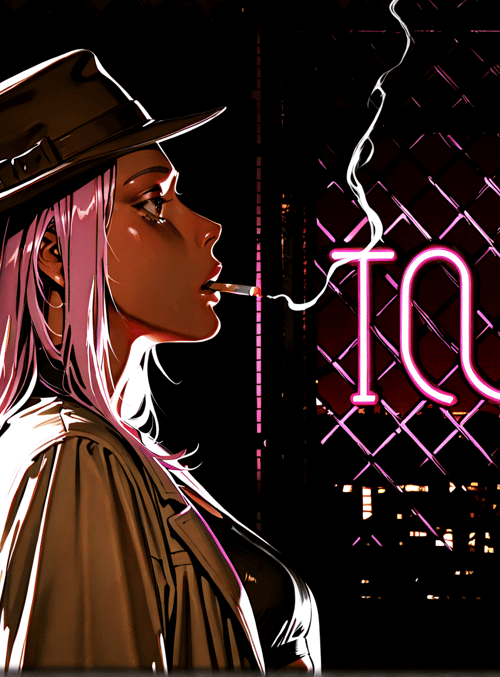 woman, hat, cigarette, neon sign, hair, jacket