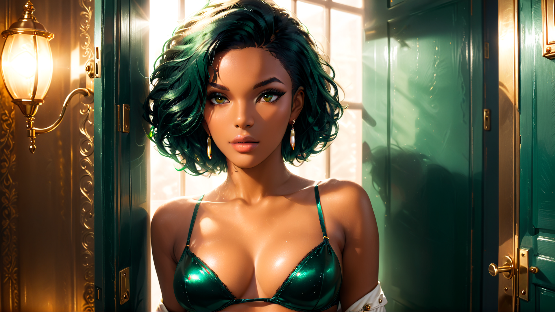 AI generated wallpaper featuring woman, door, lamp, hair, bra