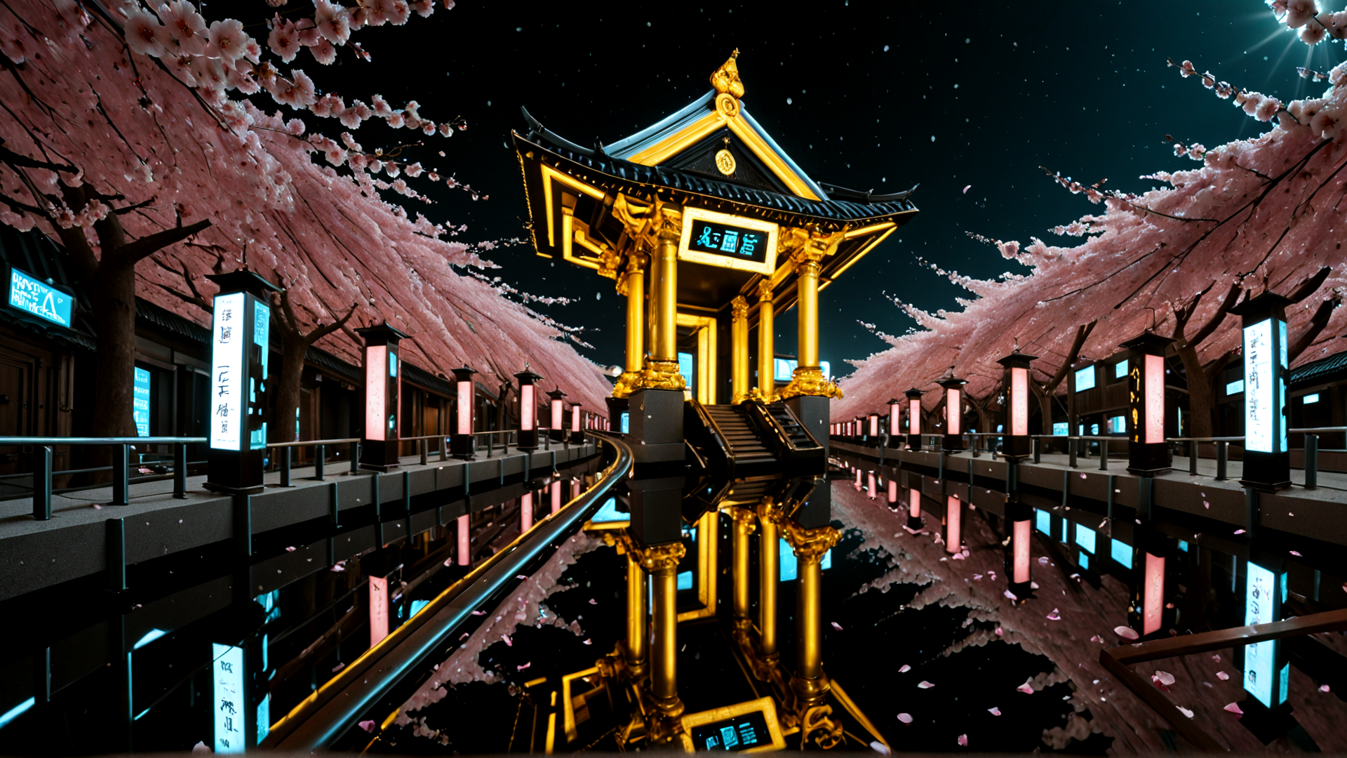 AI generated wallpaper featuring pagoda, cherry blossoms, lanterns, water, cityscape, night, reflection, buildings, signage, stars