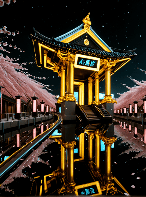 pagoda, cherry blossoms, lanterns, water, cityscape, night, reflection, buildings, signage, stars