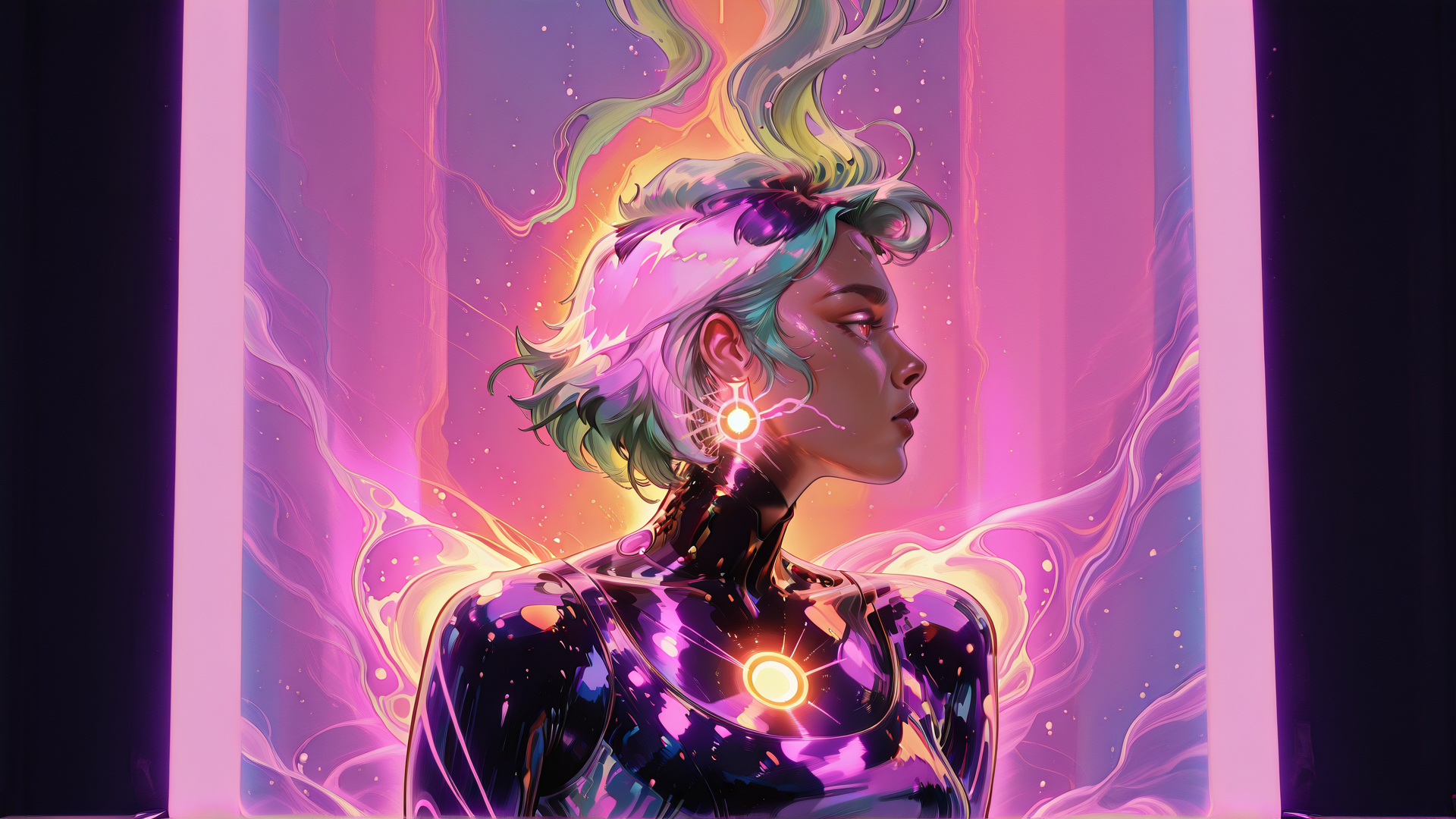 AI generated wallpaper featuring cyborg, robot, woman, neon, glowing, earring, hair, light, body, energy