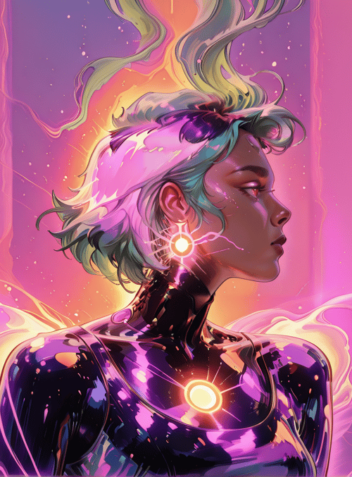 cyborg, robot, woman, neon, glowing, earring, hair, light, body, energy