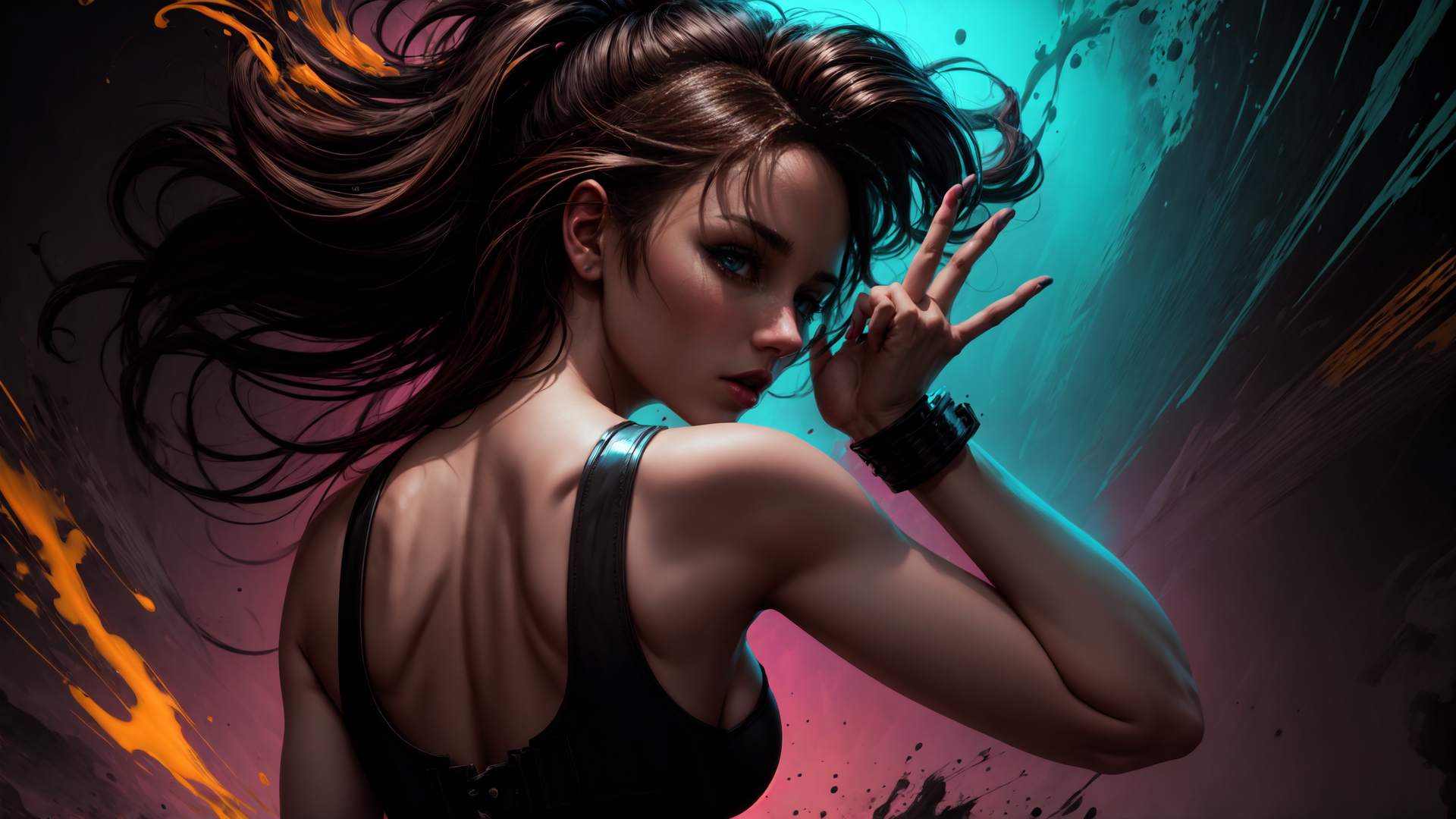AI generated wallpaper featuring woman, hair, hand, shoulder, wristband