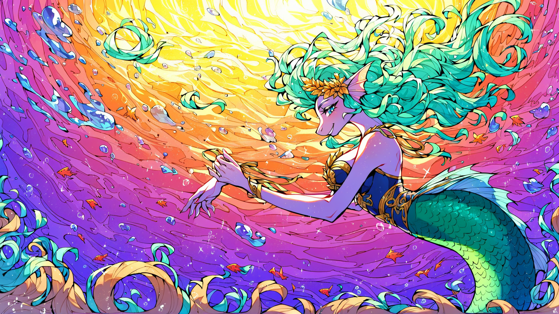 AI generated wallpaper featuring mermaid, sea, fish, water, ocean, waves, coral, bubbles, sun, dragon