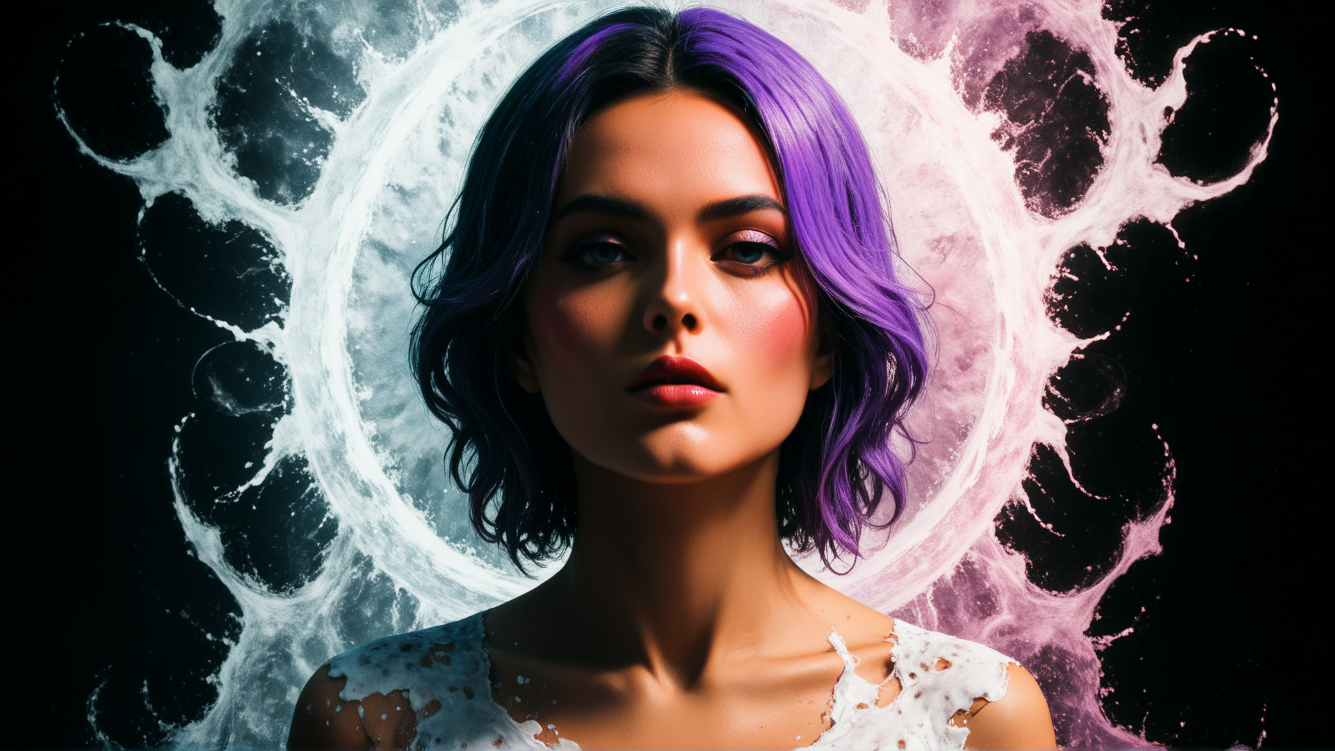 AI generated wallpaper featuring woman, hair, portrait, background, splatter