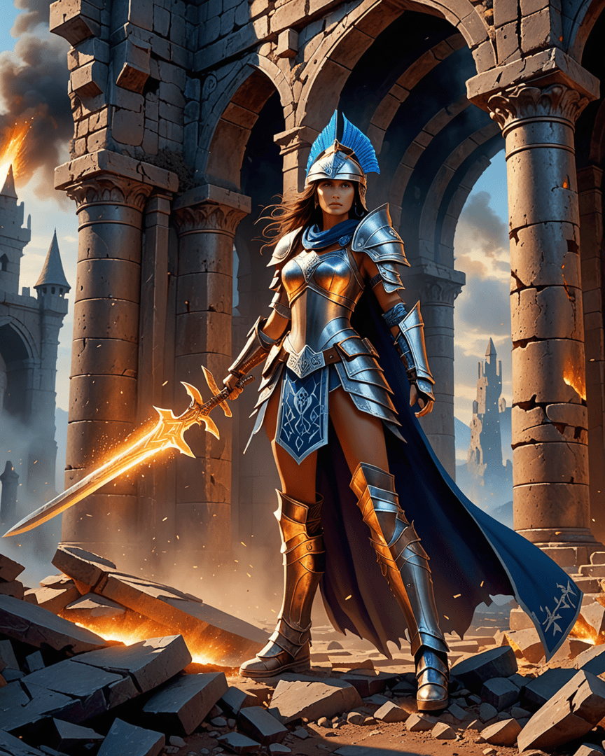 AI generated wallpaper featuring warrior, sword, castle