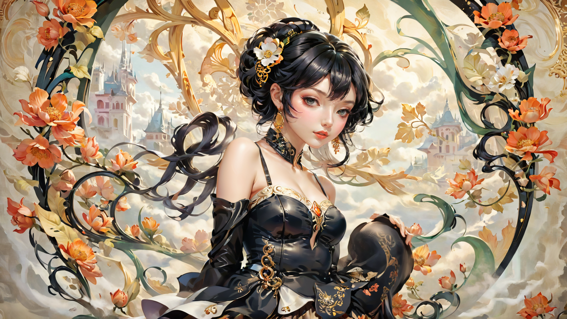AI generated wallpaper featuring woman, flowers, castle, dress, gloves, hair