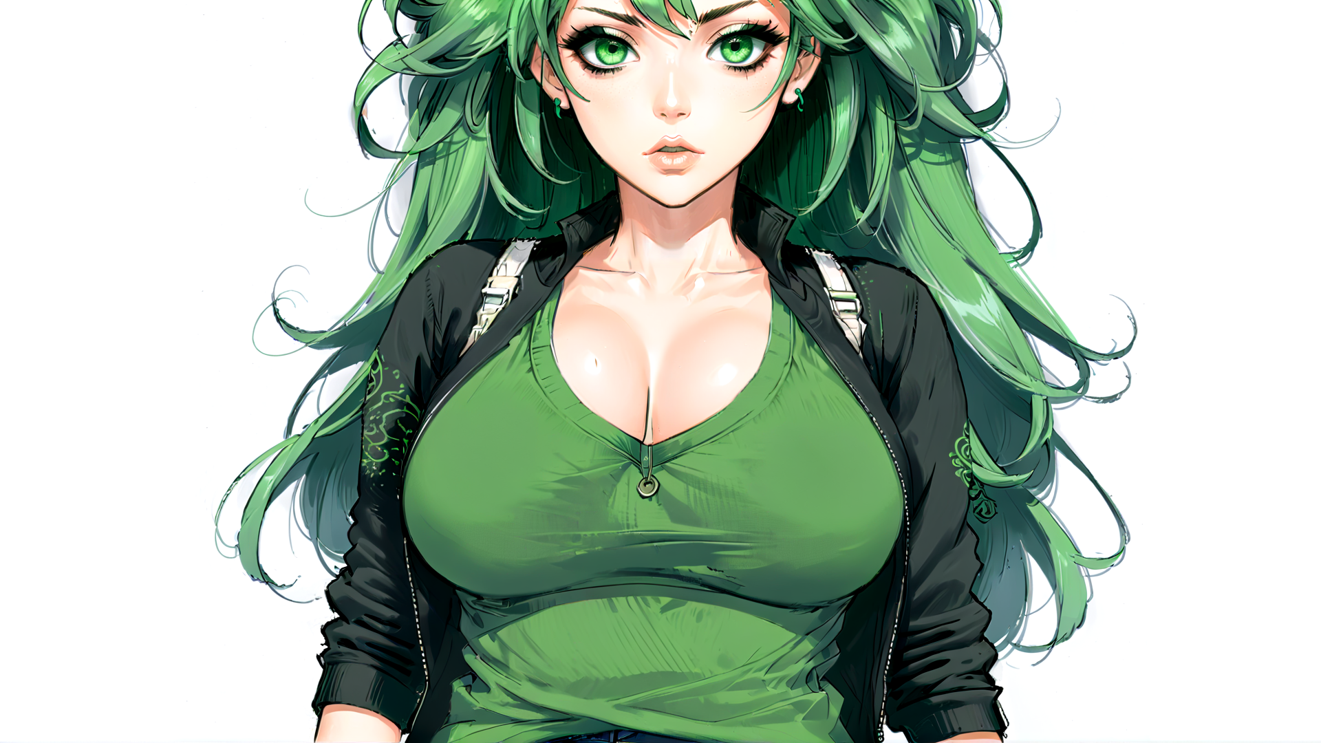 AI generated wallpaper featuring woman, green hair, jacket, top, earrings