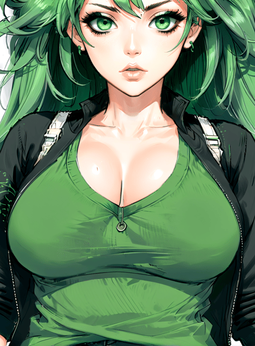 woman, green hair, jacket, top, earrings