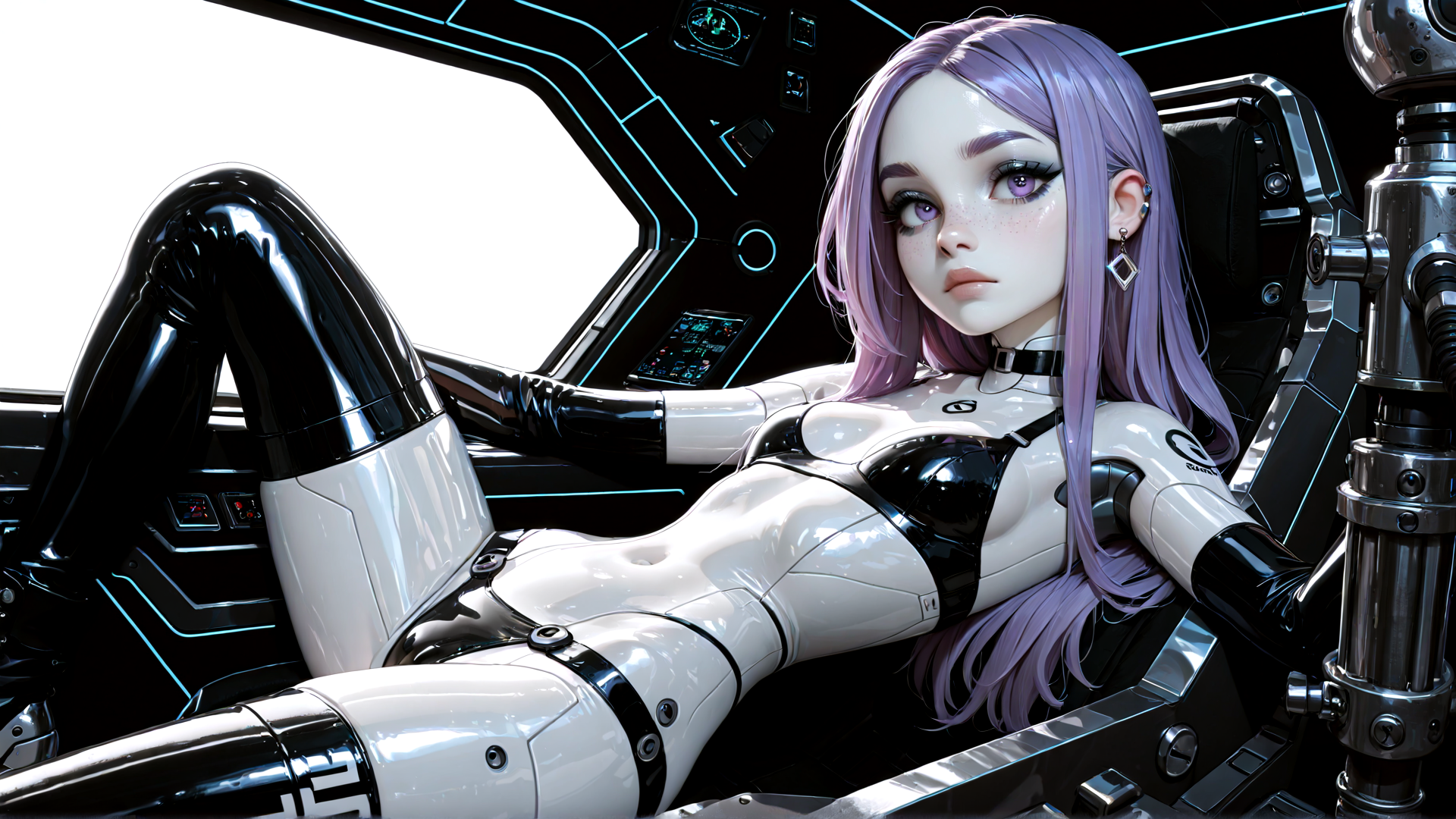 AI generated wallpaper featuring cyborg, woman, spaceship, pilot, robotic, helmet, control, interface, suits, gloves