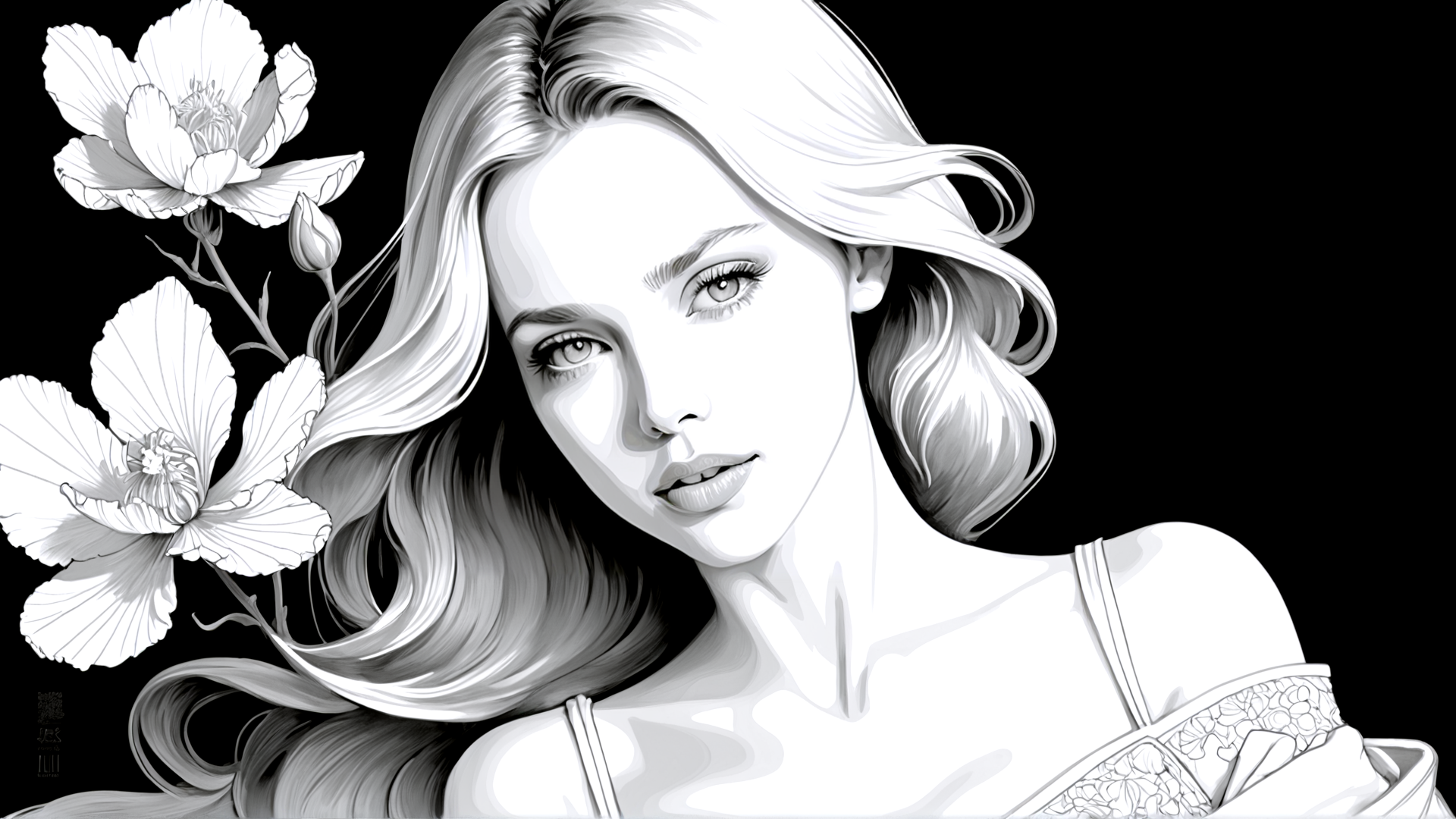 AI generated wallpaper featuring woman, flowers, hair, dress