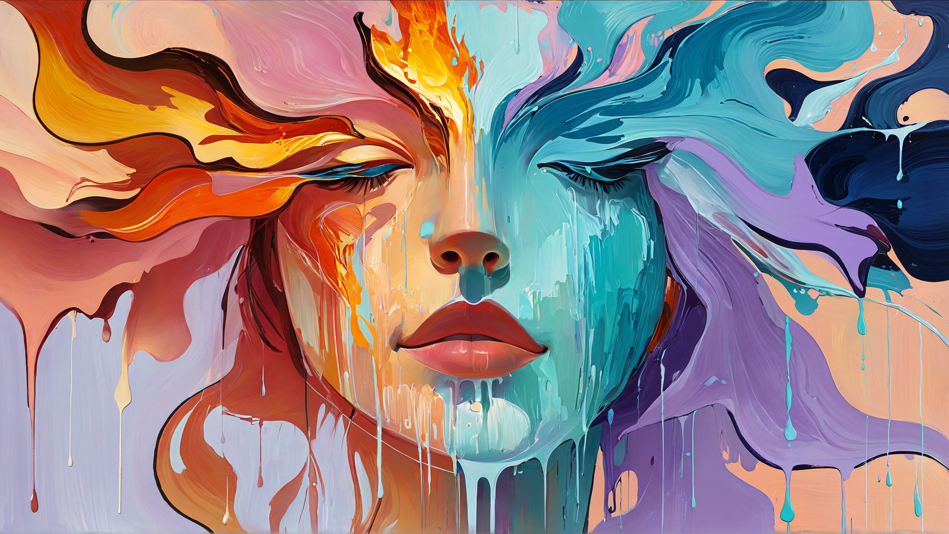 AI generated wallpaper featuring face, painting, abstract, woman, fluids
