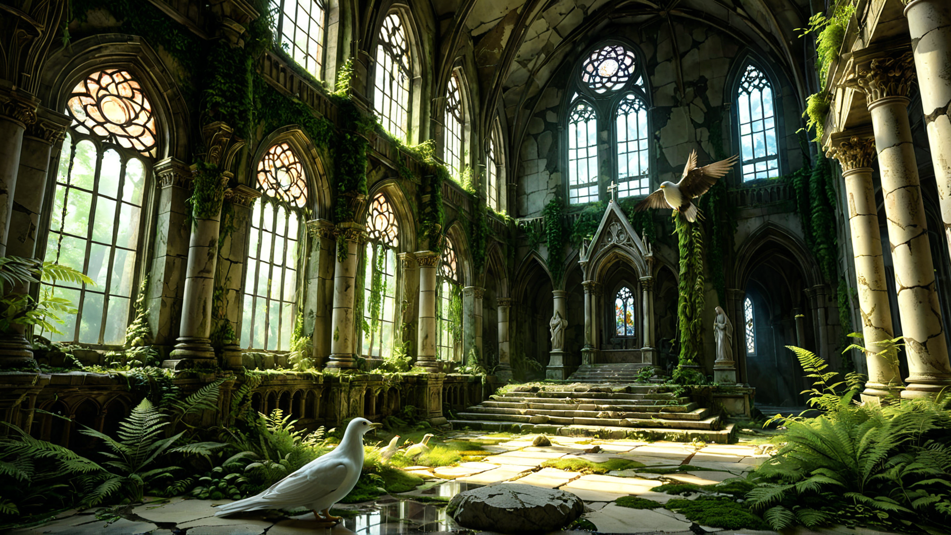 AI generated wallpaper featuring church, pigeon, ivy, window, stone, statue, fern, sunlight, staircase, column