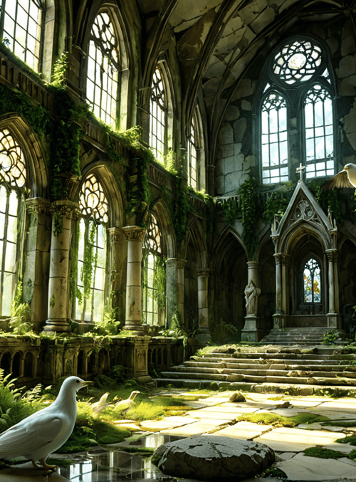church, pigeon, ivy, window, stone, statue, fern, sunlight, staircase, column