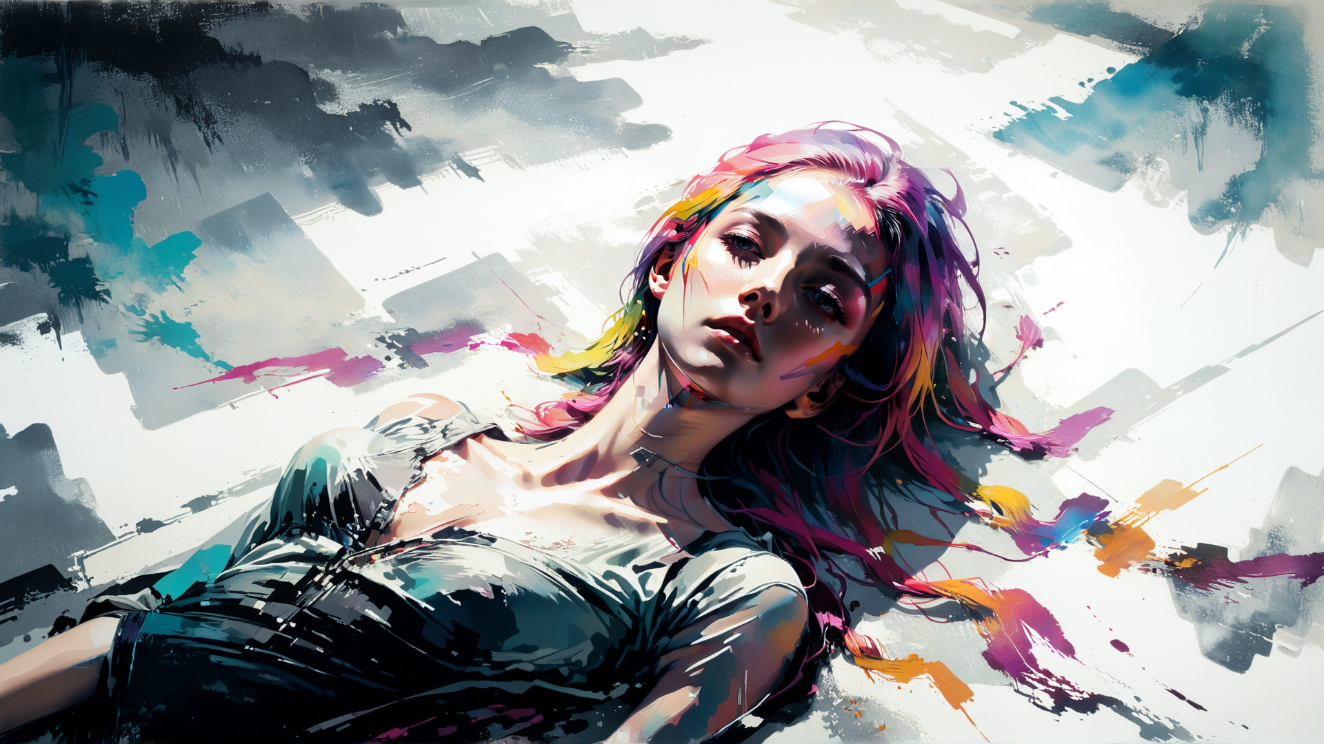 AI generated wallpaper featuring woman, paint, hair, body, artwork