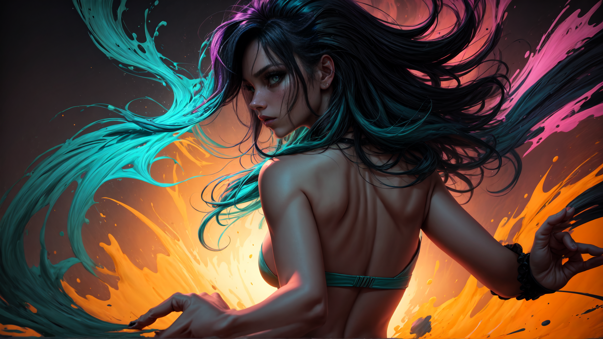 AI generated wallpaper featuring woman, hair, art, figure, paint