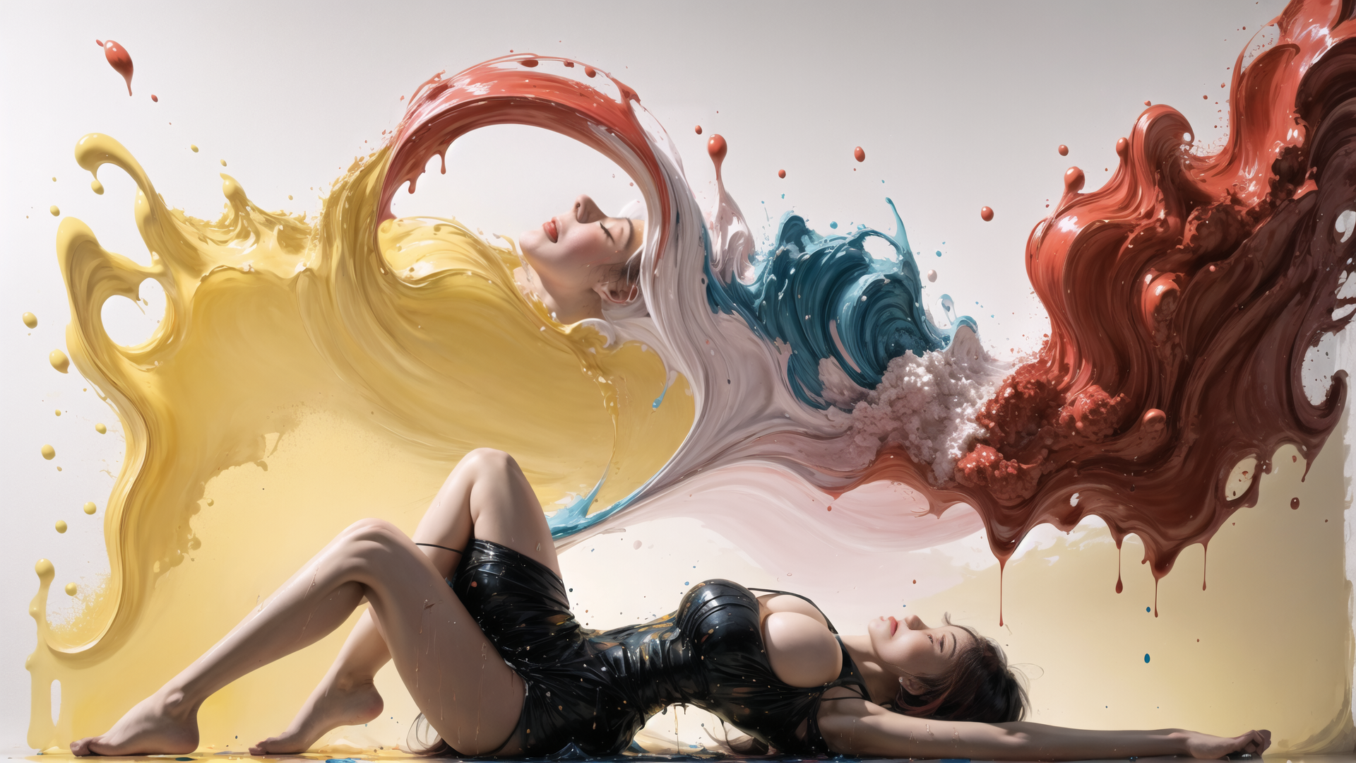 AI generated wallpaper featuring woman, paint, silk