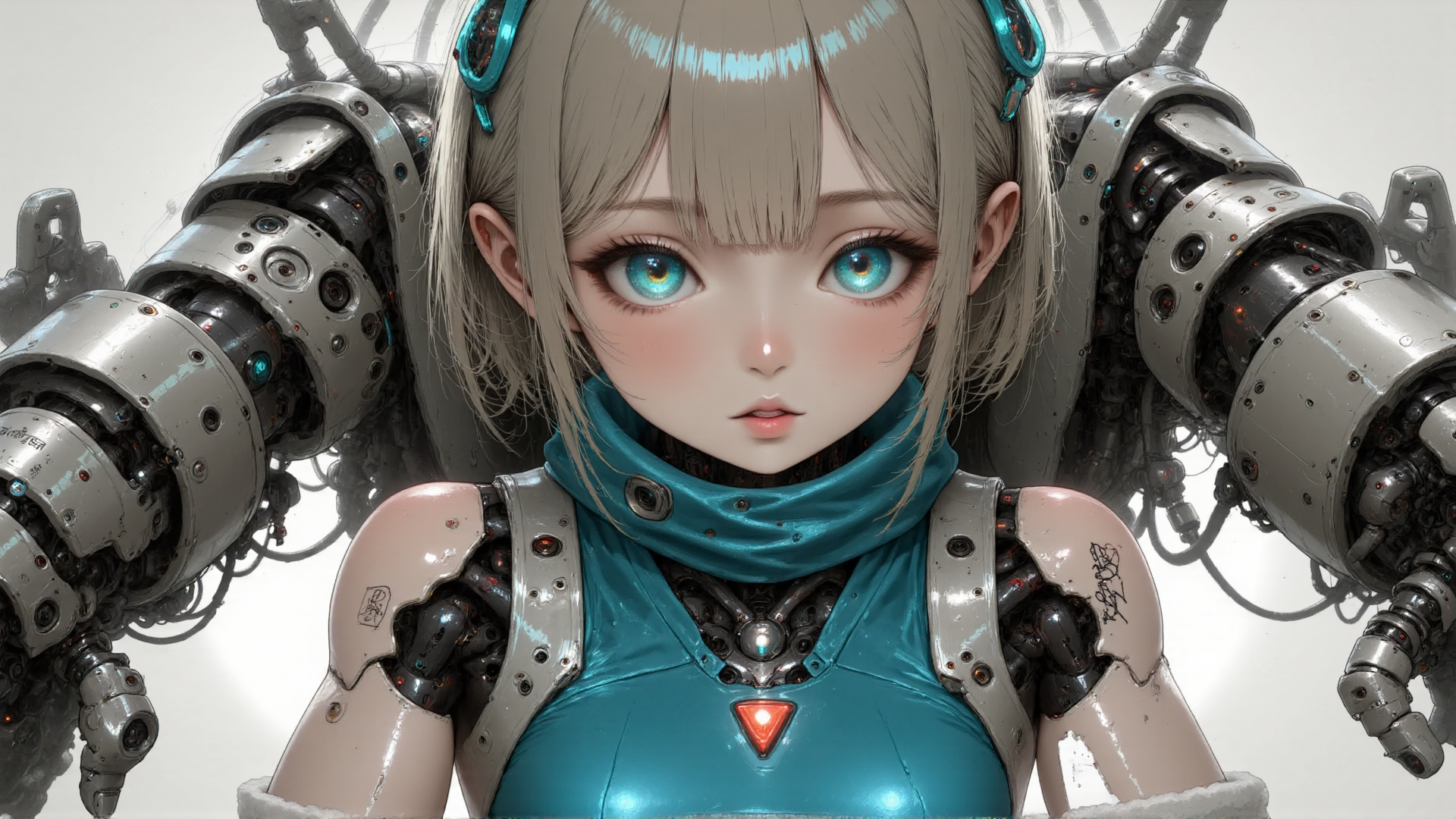 AI generated wallpaper featuring robot, mechanical, cyborg, anime, girl, machine, armor, sleeves, goggles, neck
