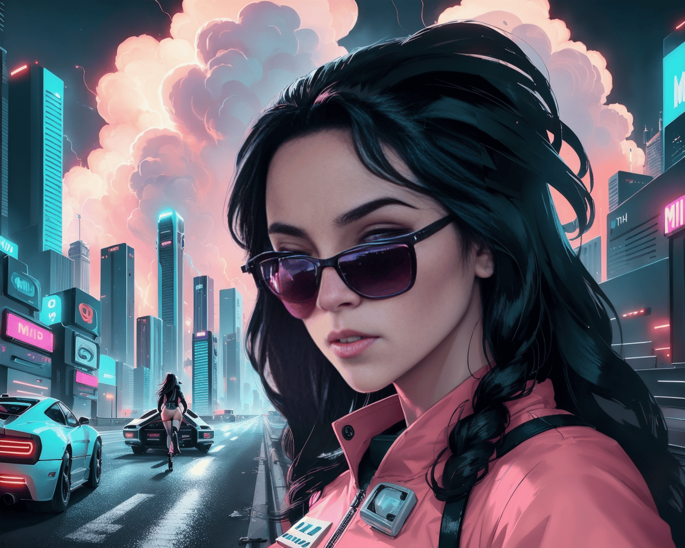 AI generated wallpaper featuring woman, city, car