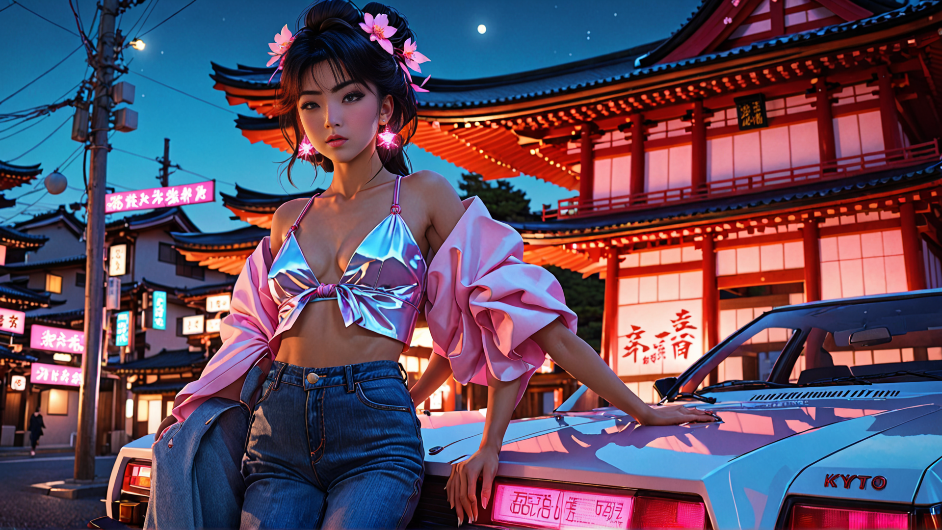 AI generated wallpaper featuring woman, car, building