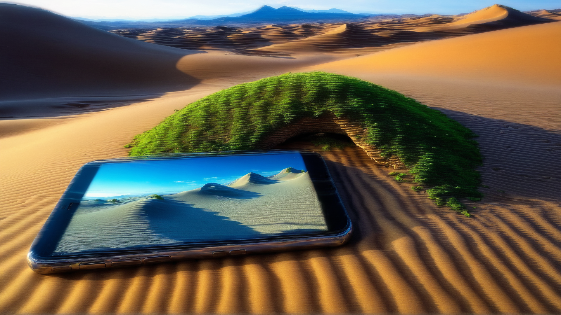AI generated wallpaper featuring smartphone, desert, dune