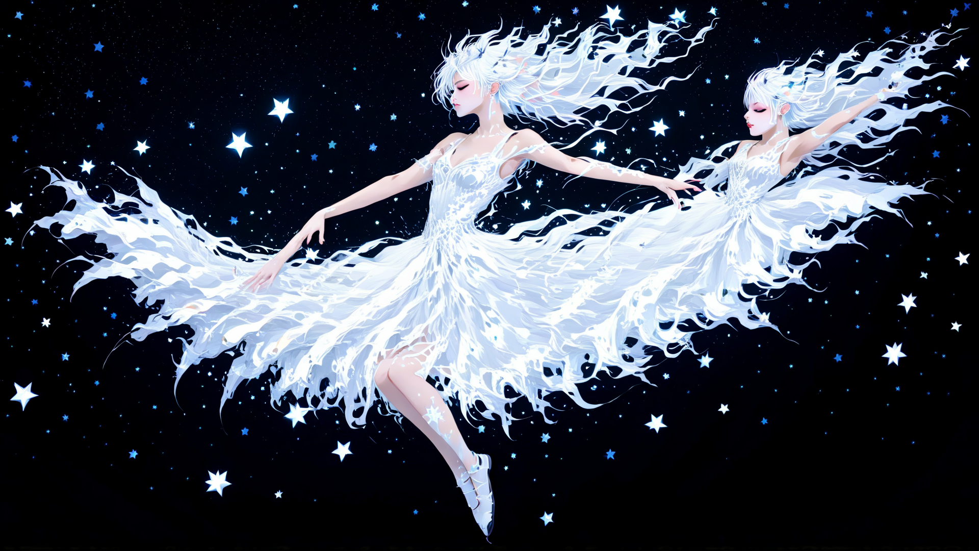 AI generated wallpaper featuring dancing figure, celestial being, star, goddess, angel, galaxy, soul, light, cosmic, universe