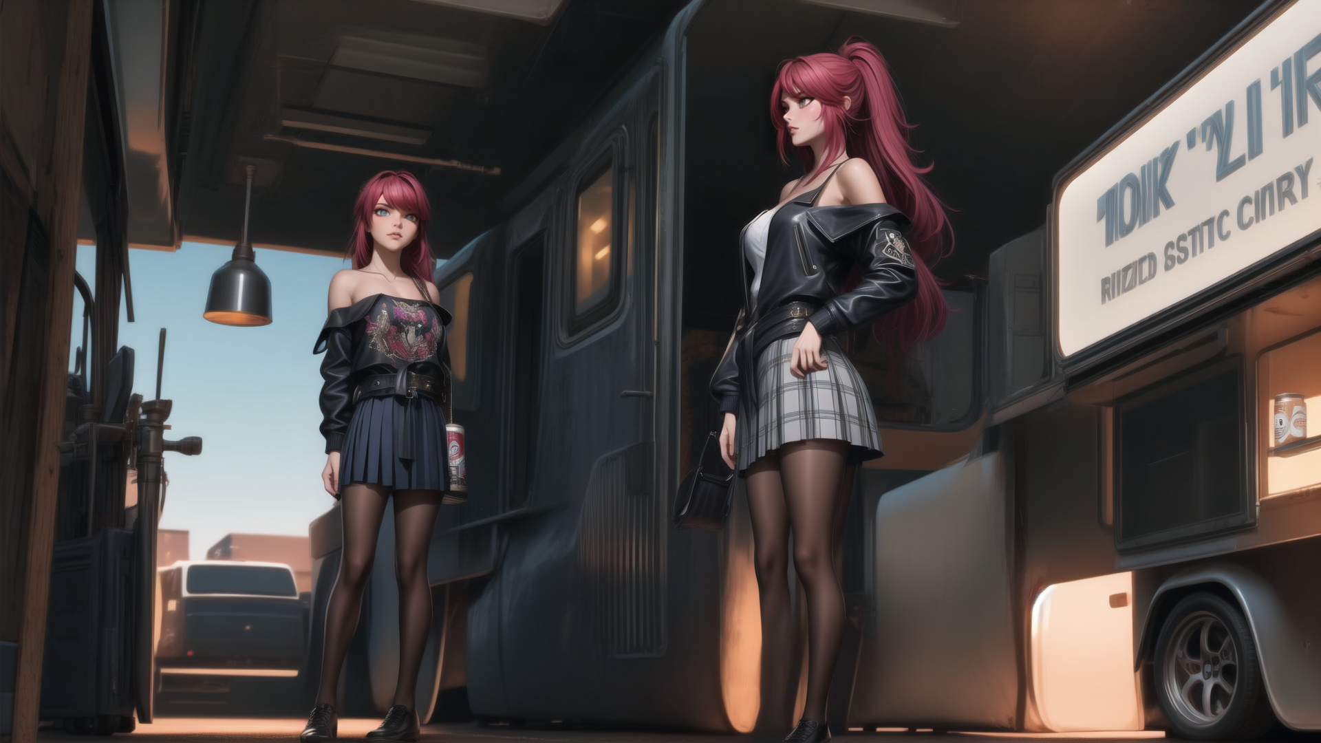 AI generated wallpaper featuring women, sailor, skirt, leather jacket, bus, truck, handbag, cigarette, sunglasses, plaid