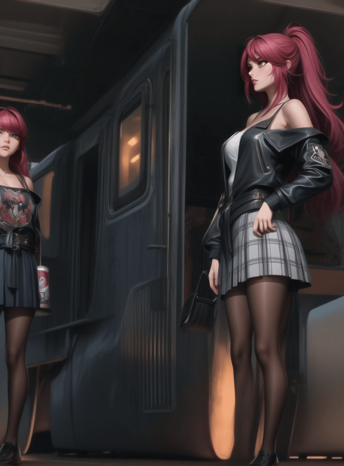 women, sailor, skirt, leather jacket, bus, truck, handbag, cigarette, sunglasses, plaid