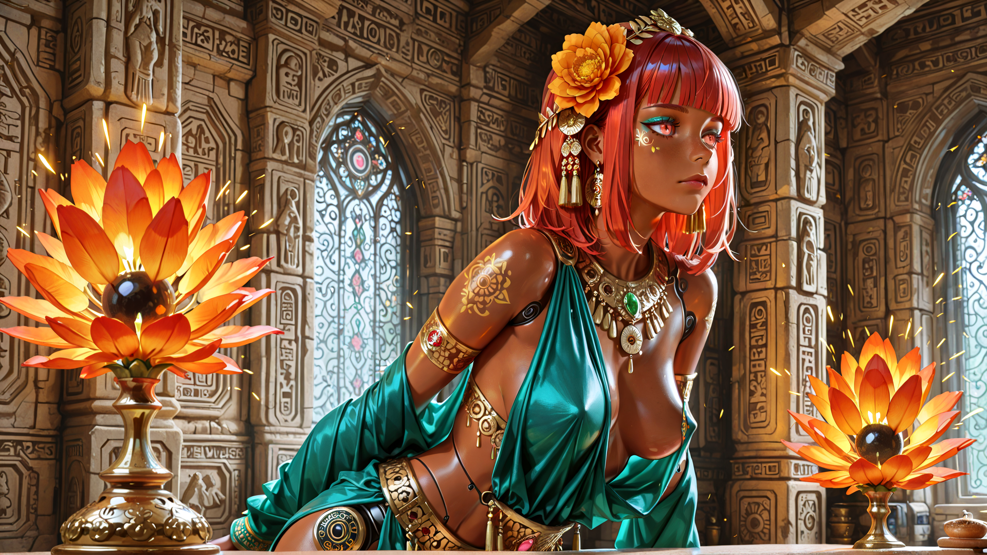 AI generated wallpaper featuring woman, lotus, temple, statue, headdress, tattoo, jewelry, silk, candle