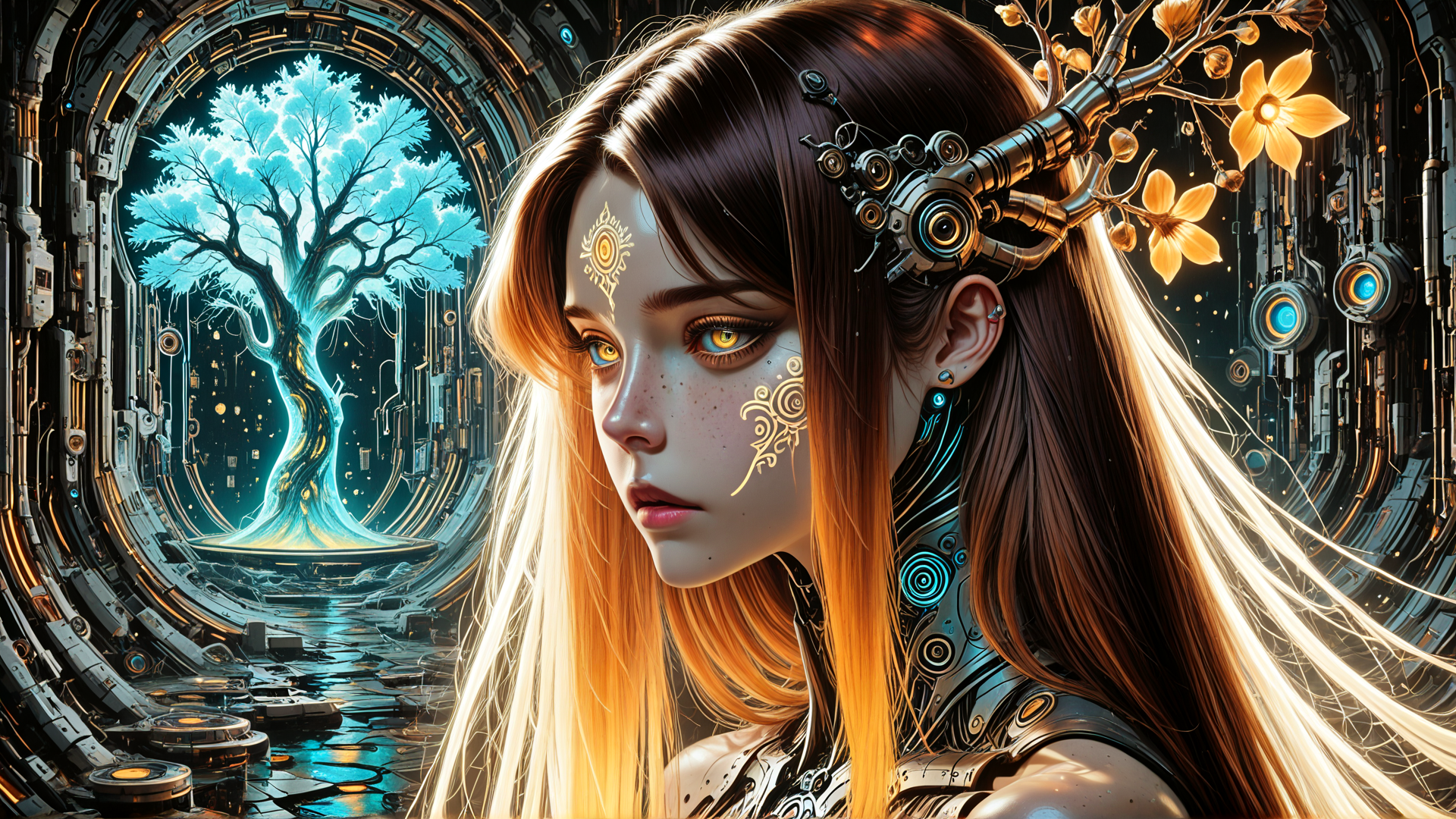 AI generated wallpaper featuring cyborg, tree, flower, mechanism, woman, gears, ornament, light, circuit, dew