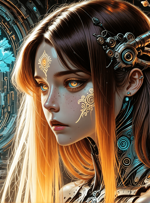 cyborg, tree, flower, mechanism, woman, gears, ornament, light, circuit, dew