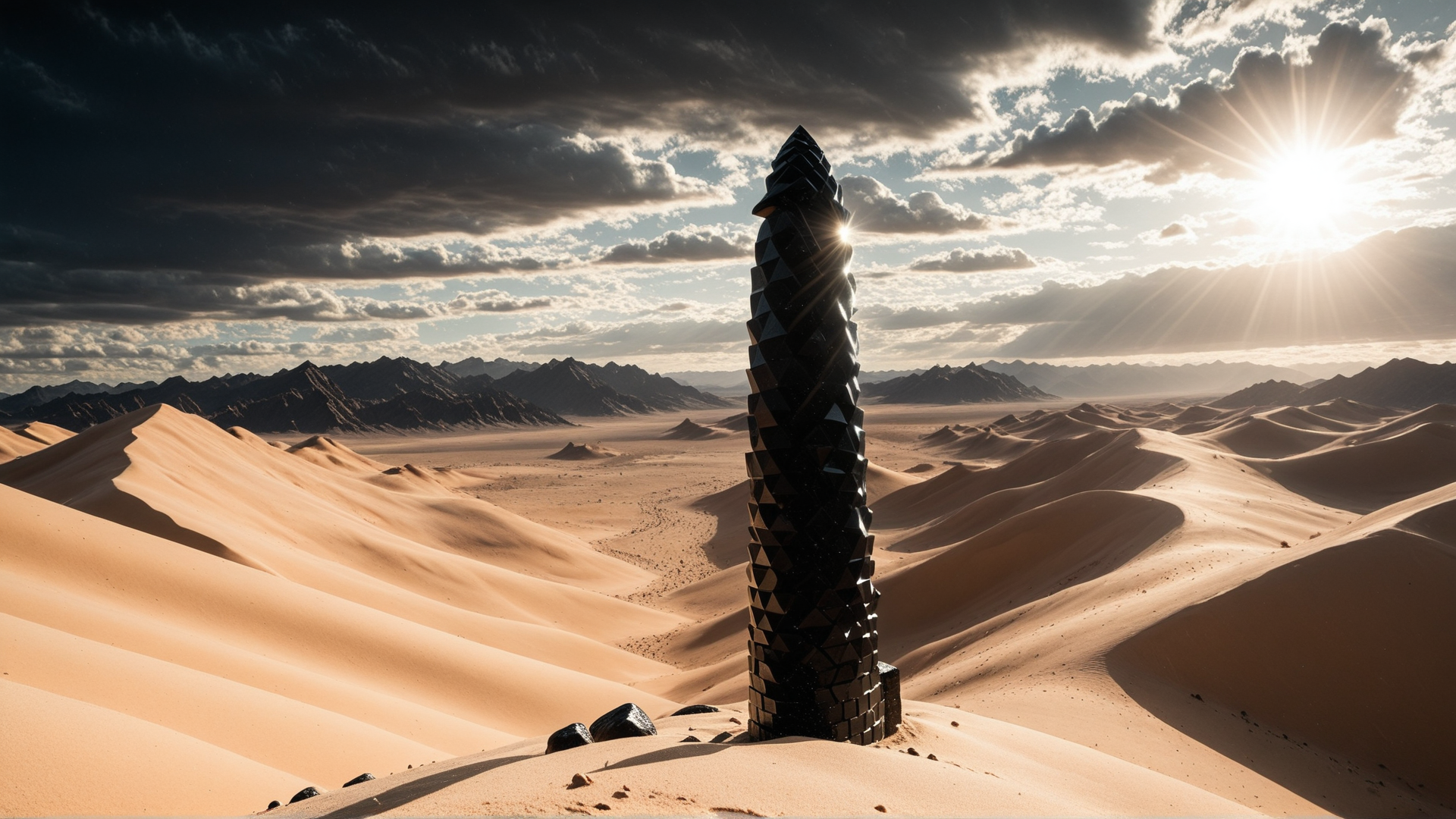 AI generated wallpaper featuring desert, monument, sand dunes, mountains, sky