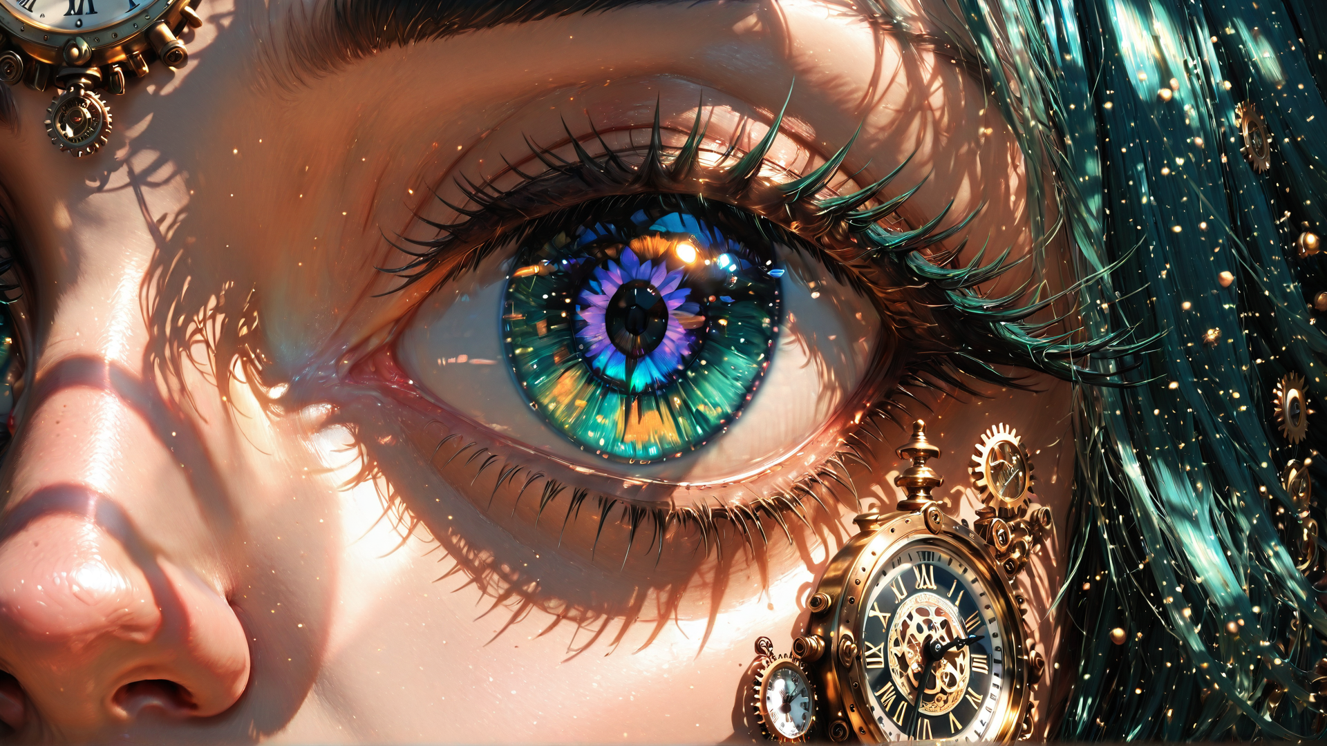 AI generated wallpaper featuring eye, clock, gears, hair, face