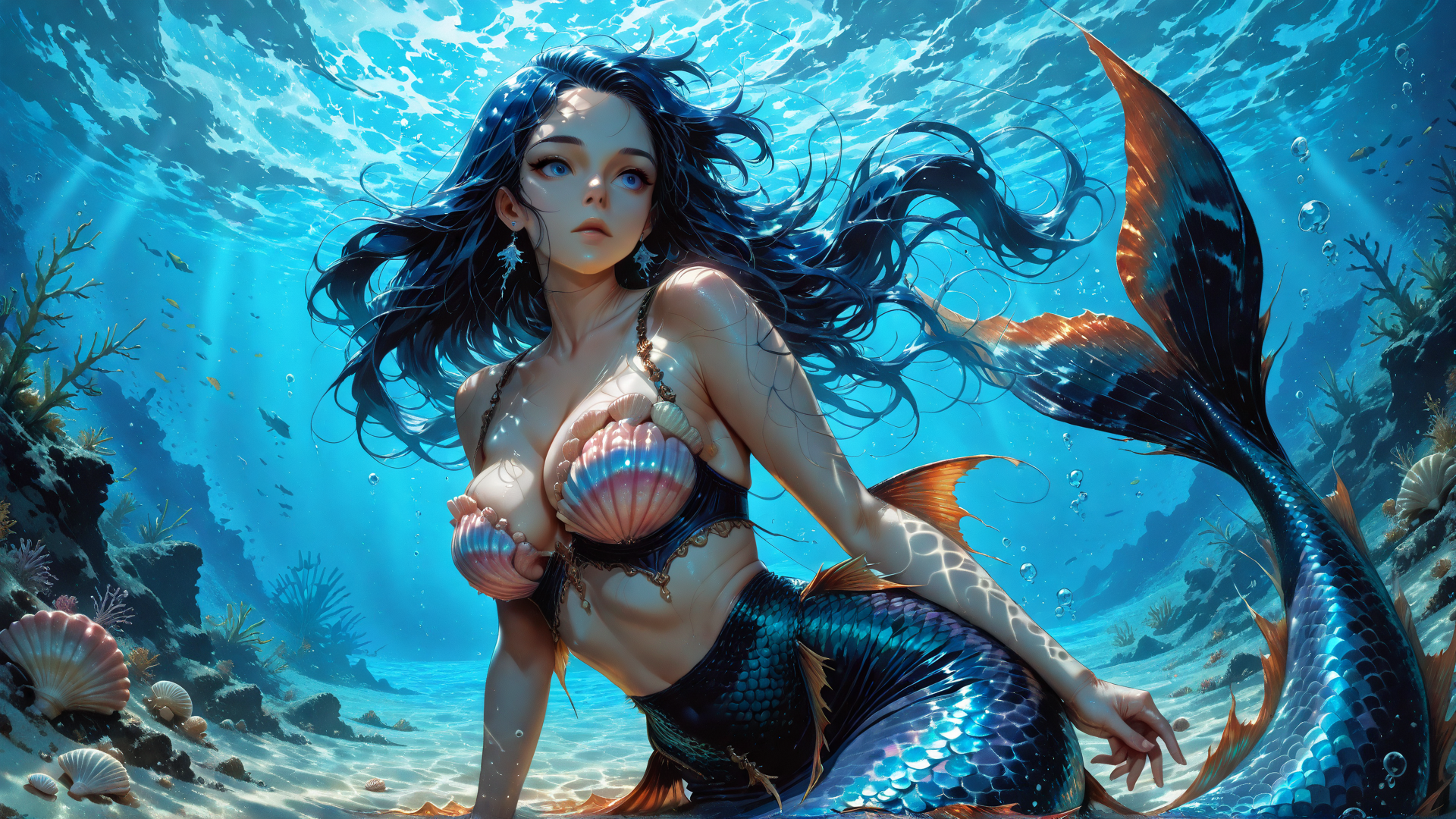 AI generated wallpaper featuring mermaid, seashells, coral, fish, underwater, ocean, tail, sunlight, scales, rings