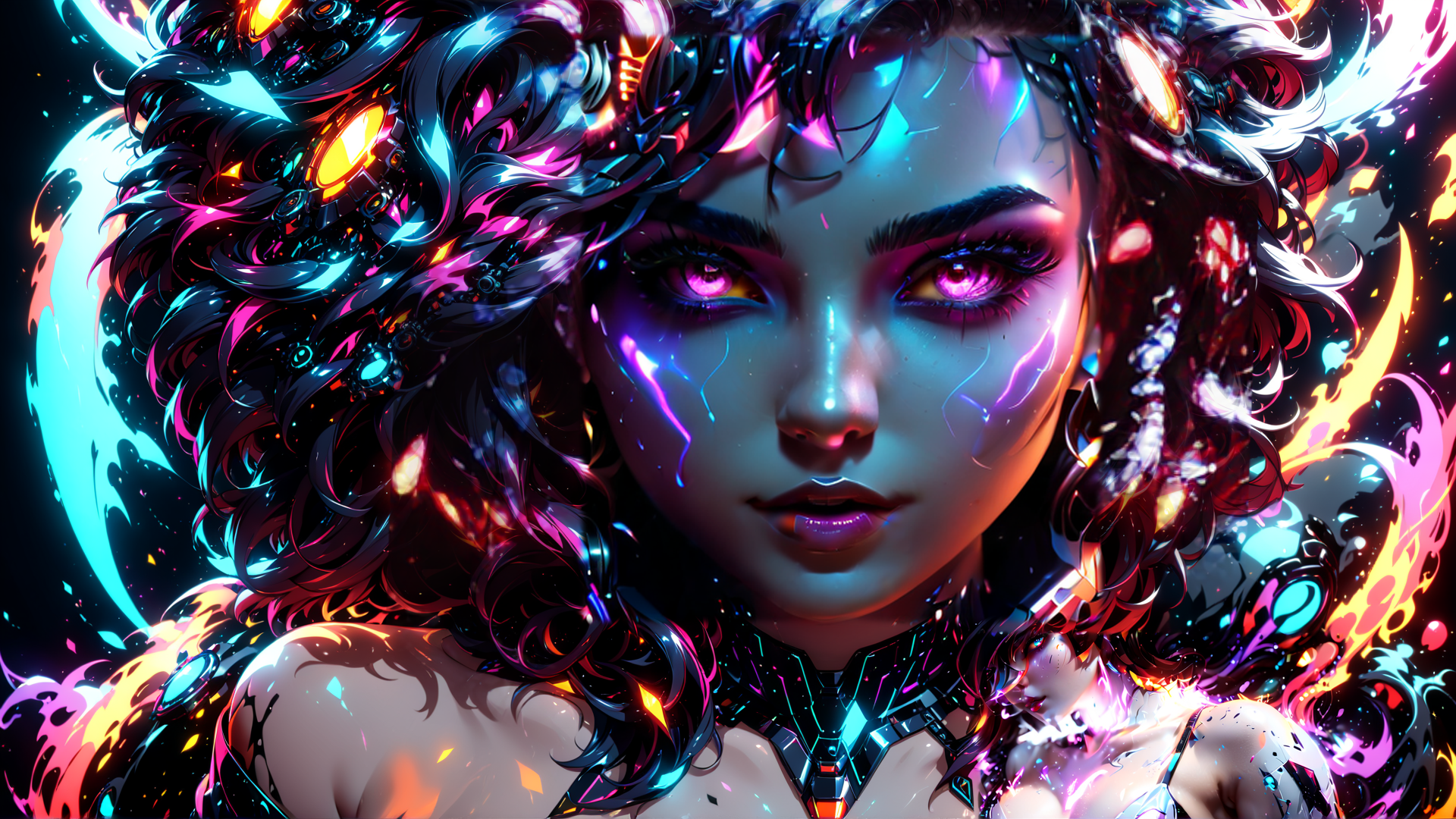 AI generated wallpaper featuring cybernetic woman, neon, robot