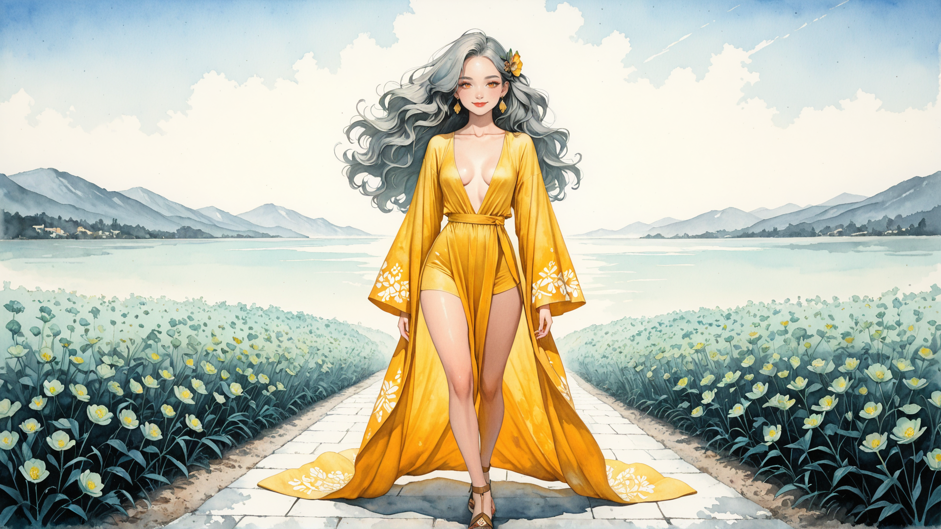 AI generated wallpaper featuring woman, flower field, path, mountains, lake