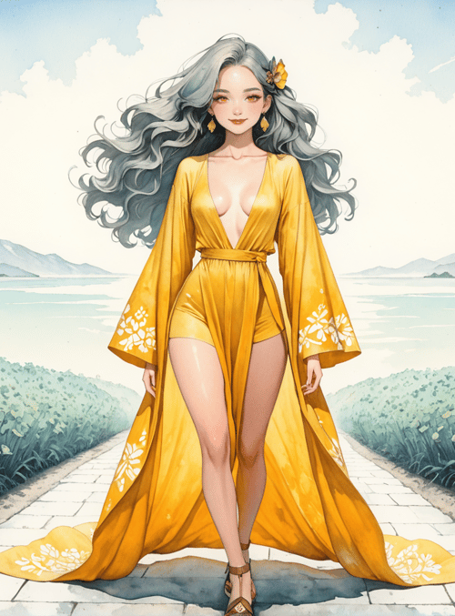 woman, flower field, path, mountains, lake