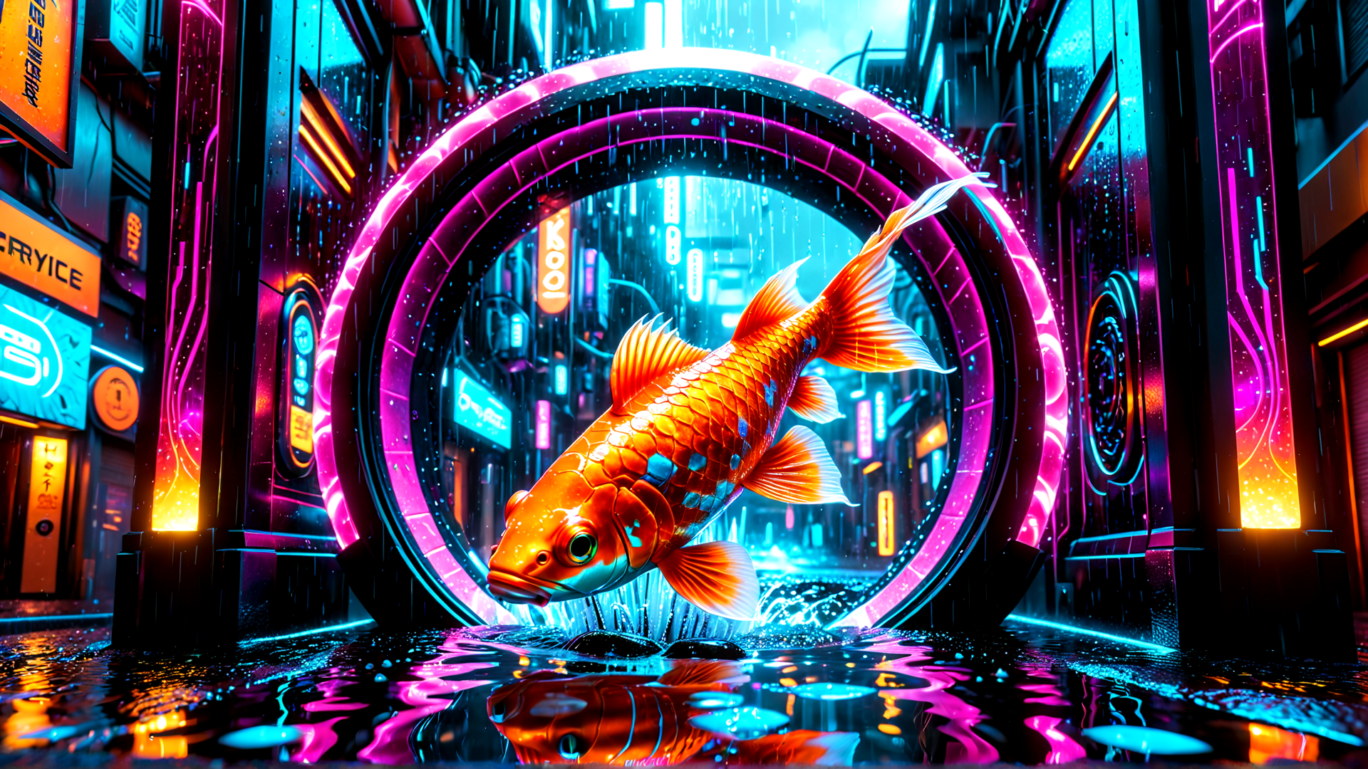 AI generated wallpaper featuring fish, cityscape, neon, portal, rain