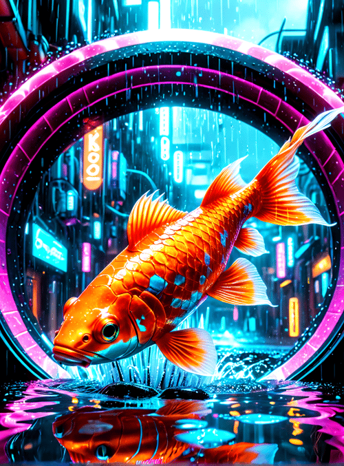fish, cityscape, neon, portal, rain