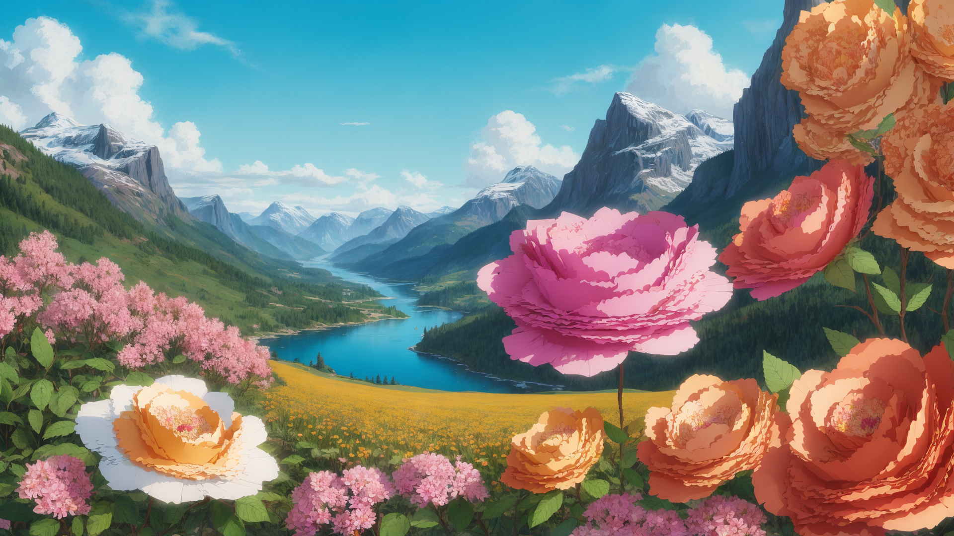 AI generated wallpaper featuring flowers, mountains, lake