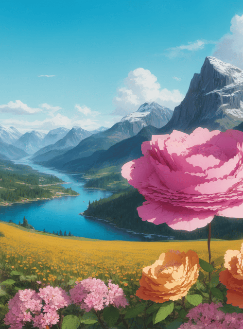 flowers, mountains, lake