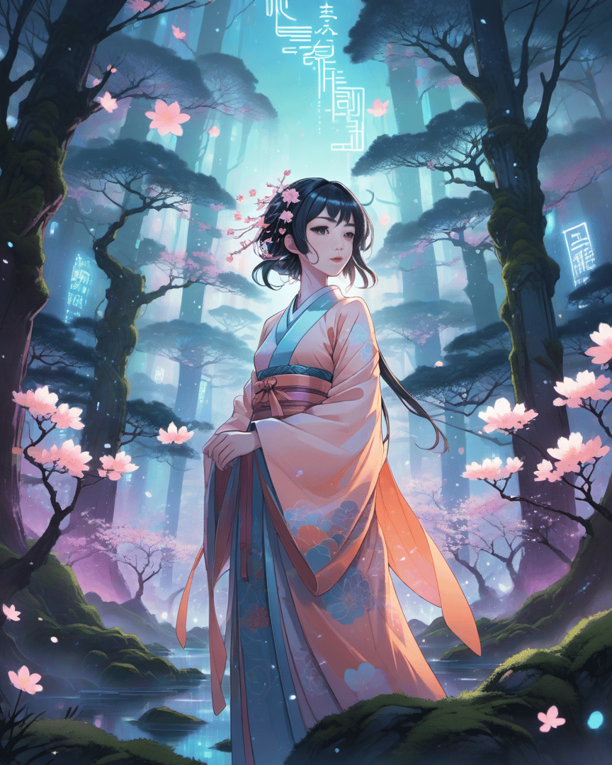 AI generated wallpaper featuring woman, cherry blossom, forest